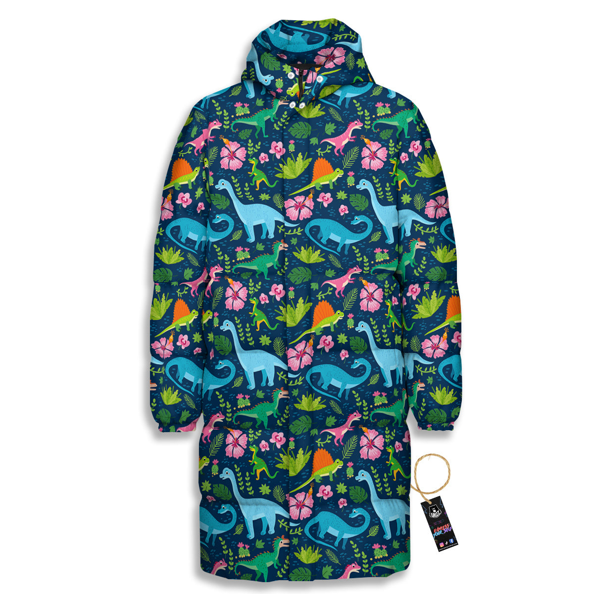 Flowers And Leaves Cute Dino Print Long Down Jacket-grizzshop