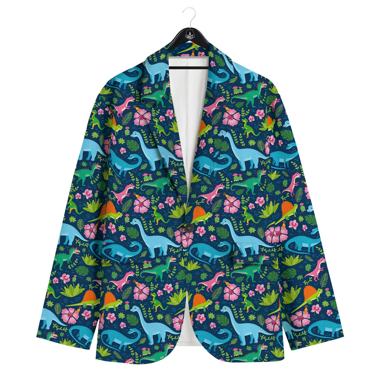 Flowers And Leaves Cute Dino Print Men's Sport Coat-grizzshop