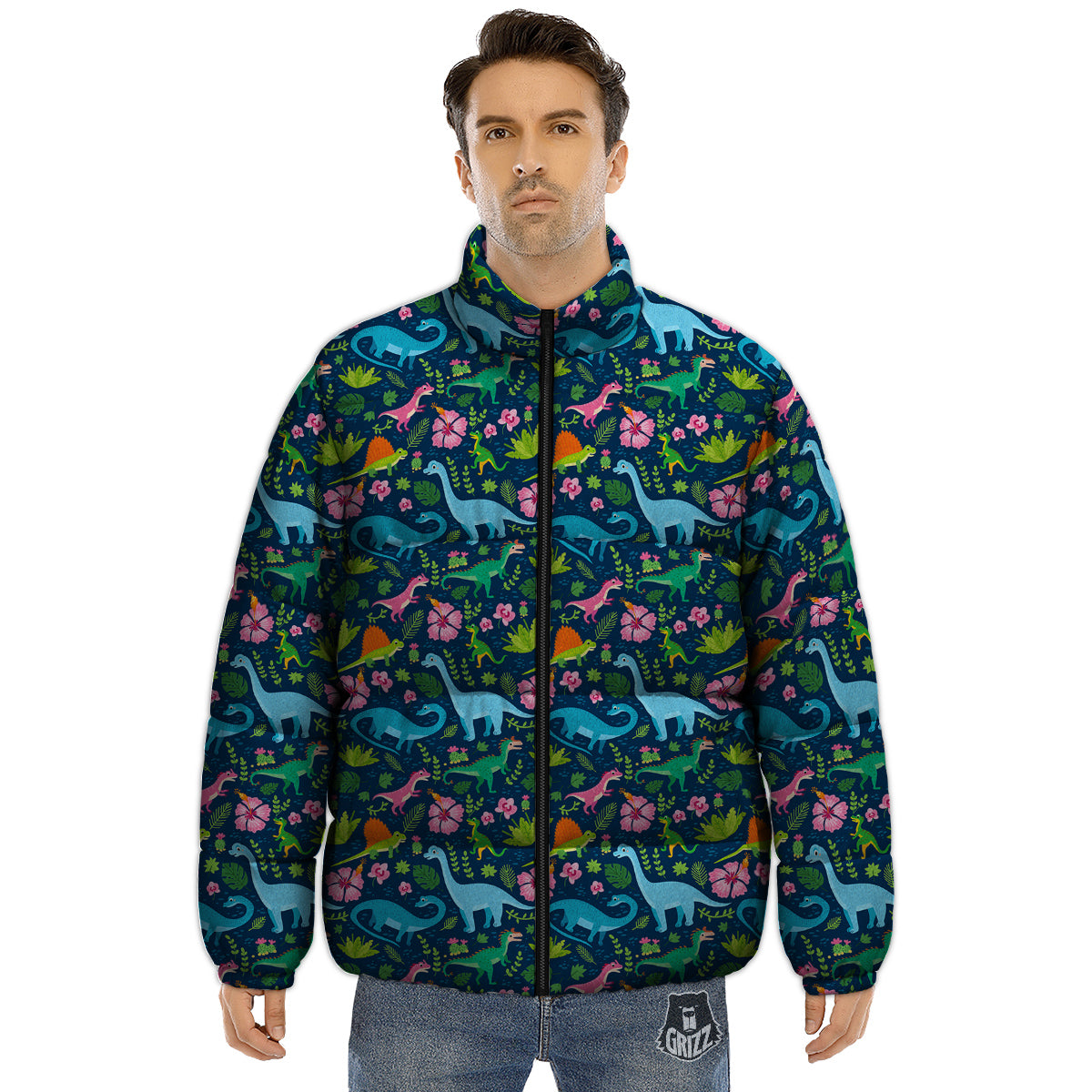 Flowers And Leaves Cute Dino Print Puffer Jacket-grizzshop