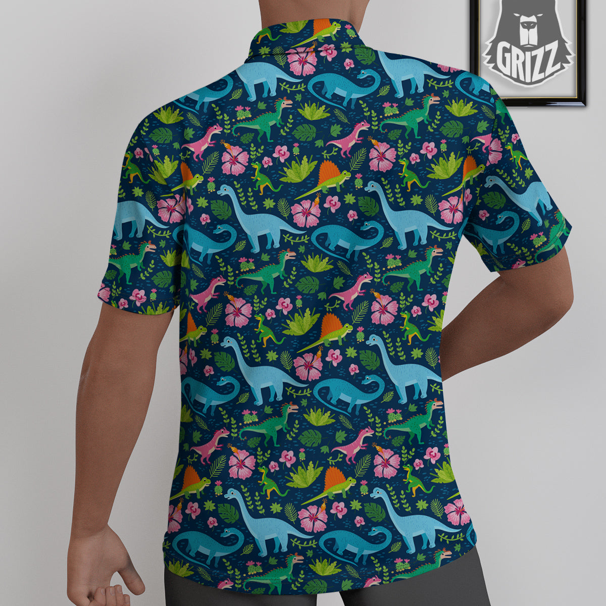 Flowers And Leaves Cute Dino Print Untucked Shirts-grizzshop