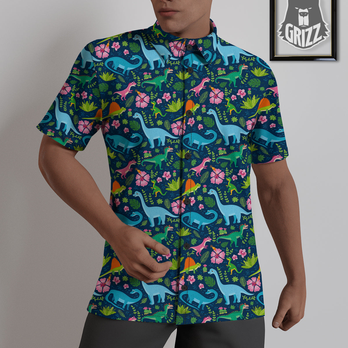 Flowers And Leaves Cute Dino Print Untucked Shirts-grizzshop