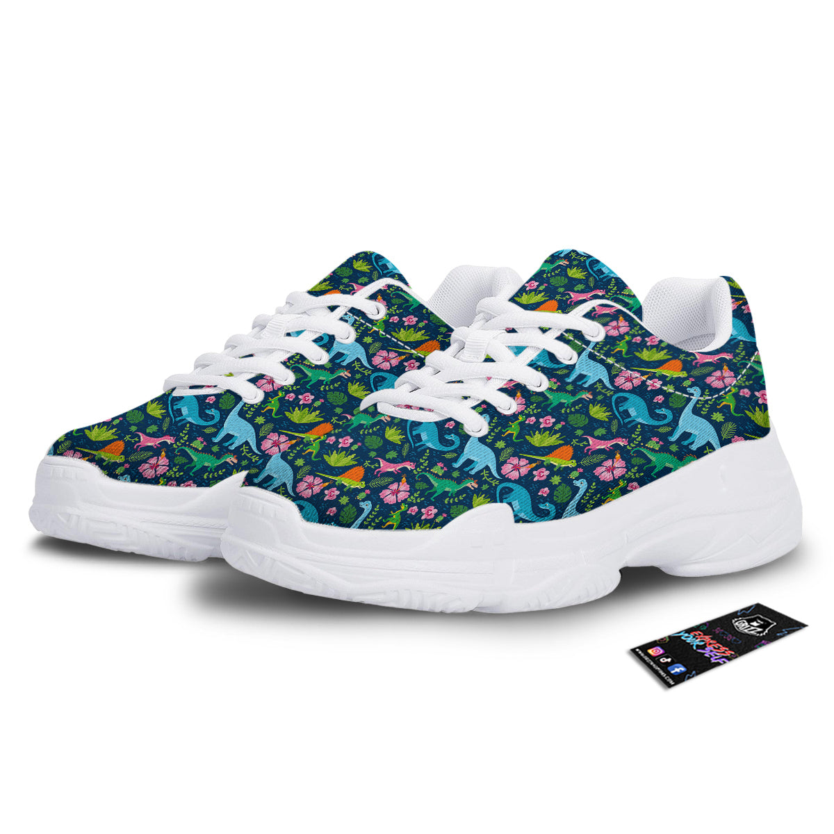 Flowers And Leaves Cute Dino Print White Chunky Shoes-grizzshop