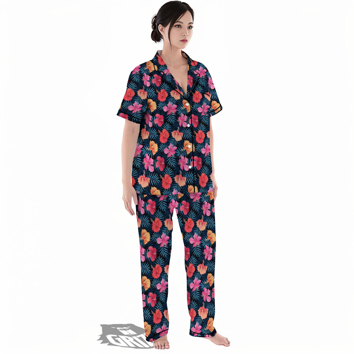 Flowers Exotic Hibiscus Print Pattern Women's Pajamas Set-grizzshop
