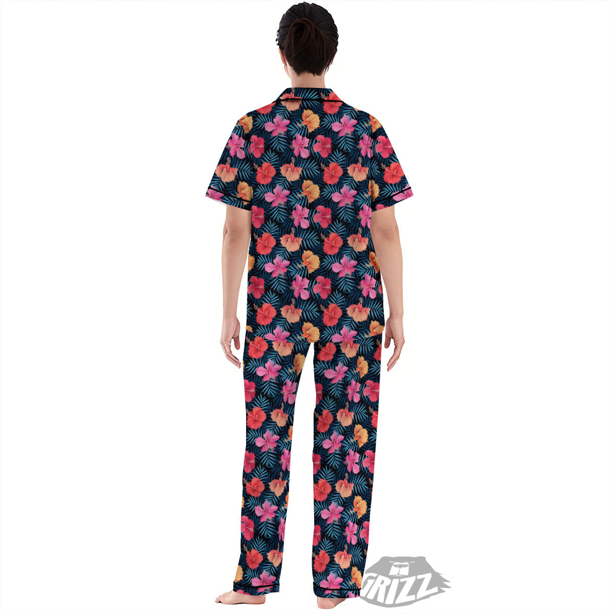 Flowers Exotic Hibiscus Print Pattern Women's Pajamas Set-grizzshop