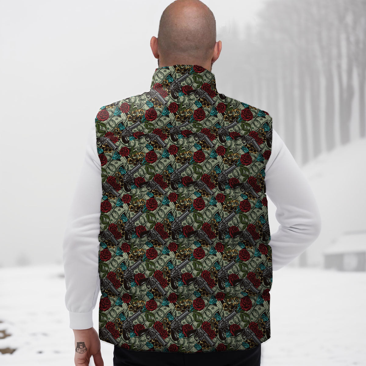 Flowers Guns And Print Pattern Down Vest-grizzshop