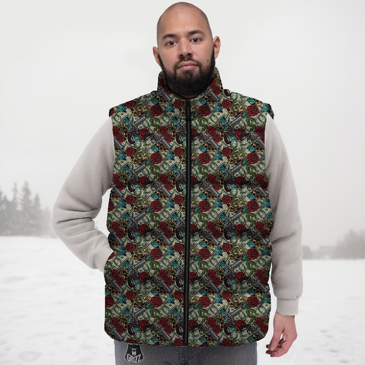 Flowers Guns And Print Pattern Down Vest-grizzshop