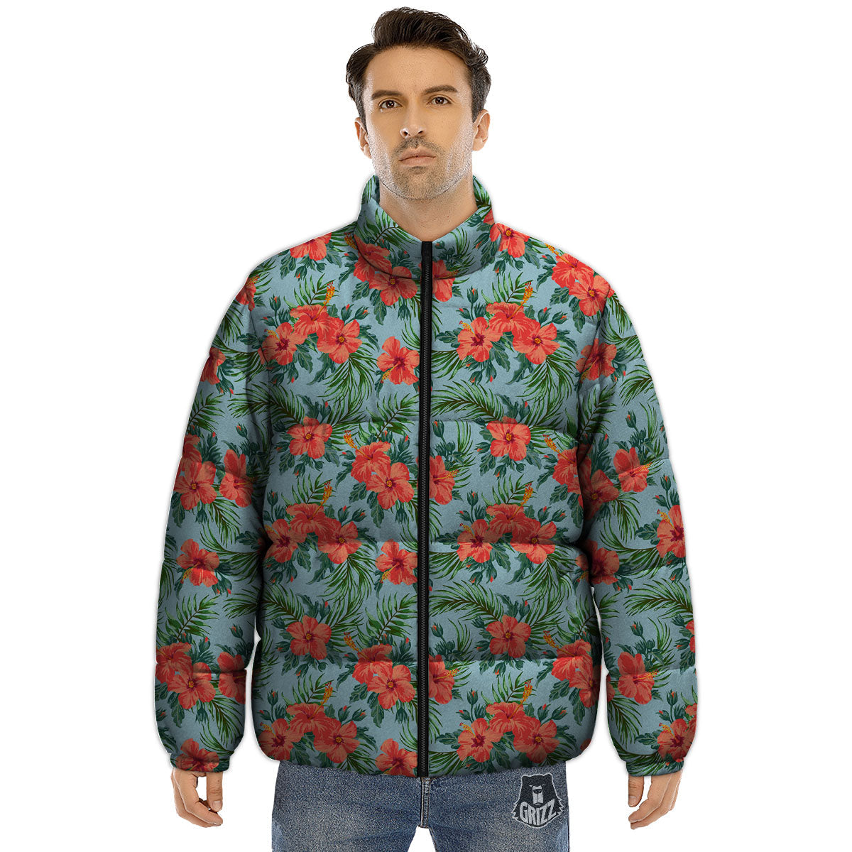 Flowers Hawaiian Hibiscus Print Pattern Puffer Jacket-grizzshop