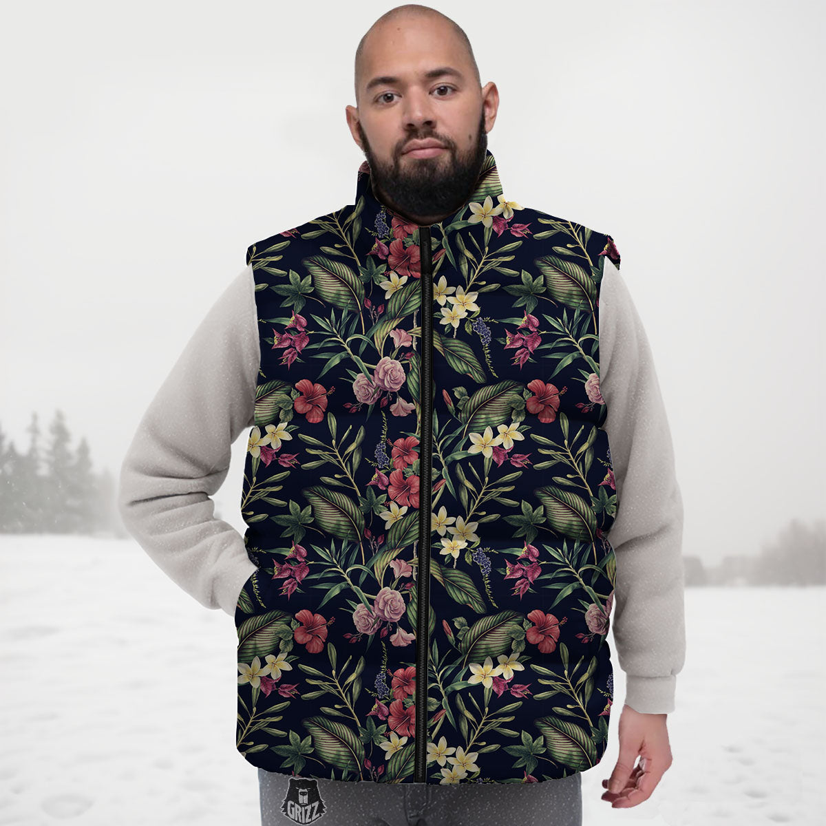 Flowers Hawaiian Tropical Print Pattern Down Vest-grizzshop