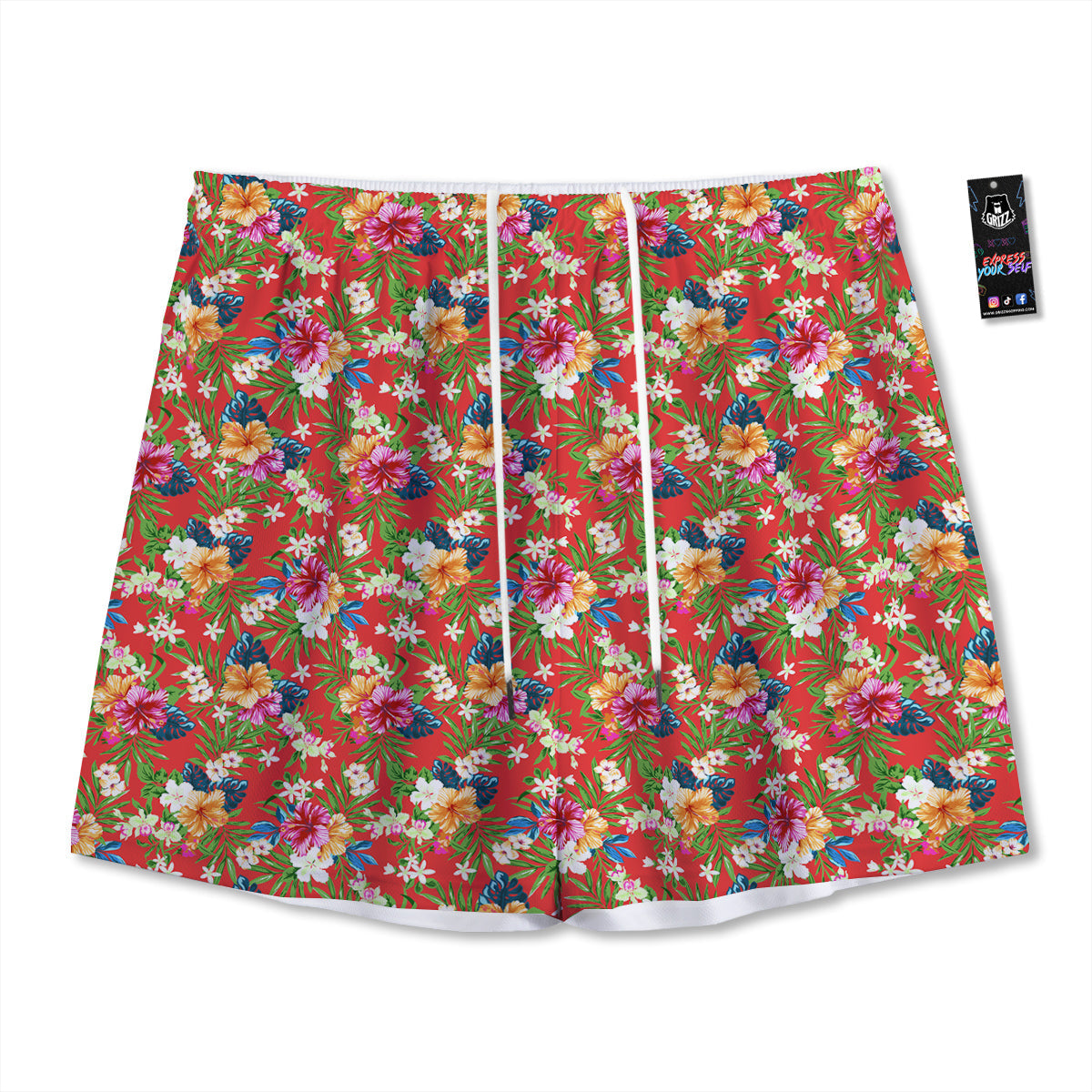 Flowers Hibiscus Colorful Print Pattern Mesh Shorts-grizzshop