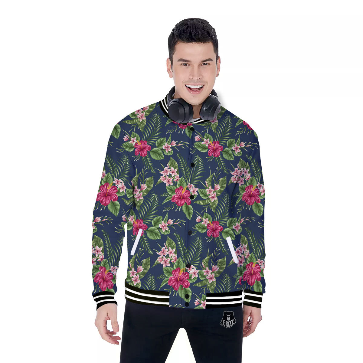 Flowers Hibiscus Plumeria Print Pattern Baseball Jacket-grizzshop