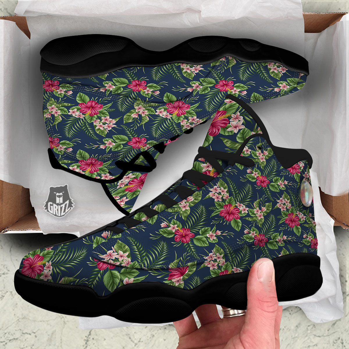 Flowers Hibiscus Plumeria Print Pattern Black Basketball Shoes-grizzshop