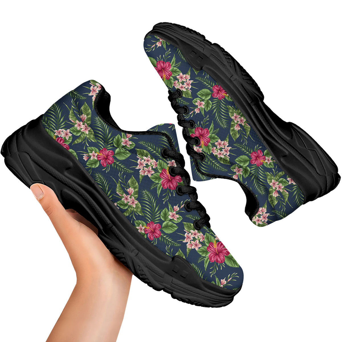 Flowers Hibiscus Plumeria Print Pattern Black Chunky Shoes-grizzshop
