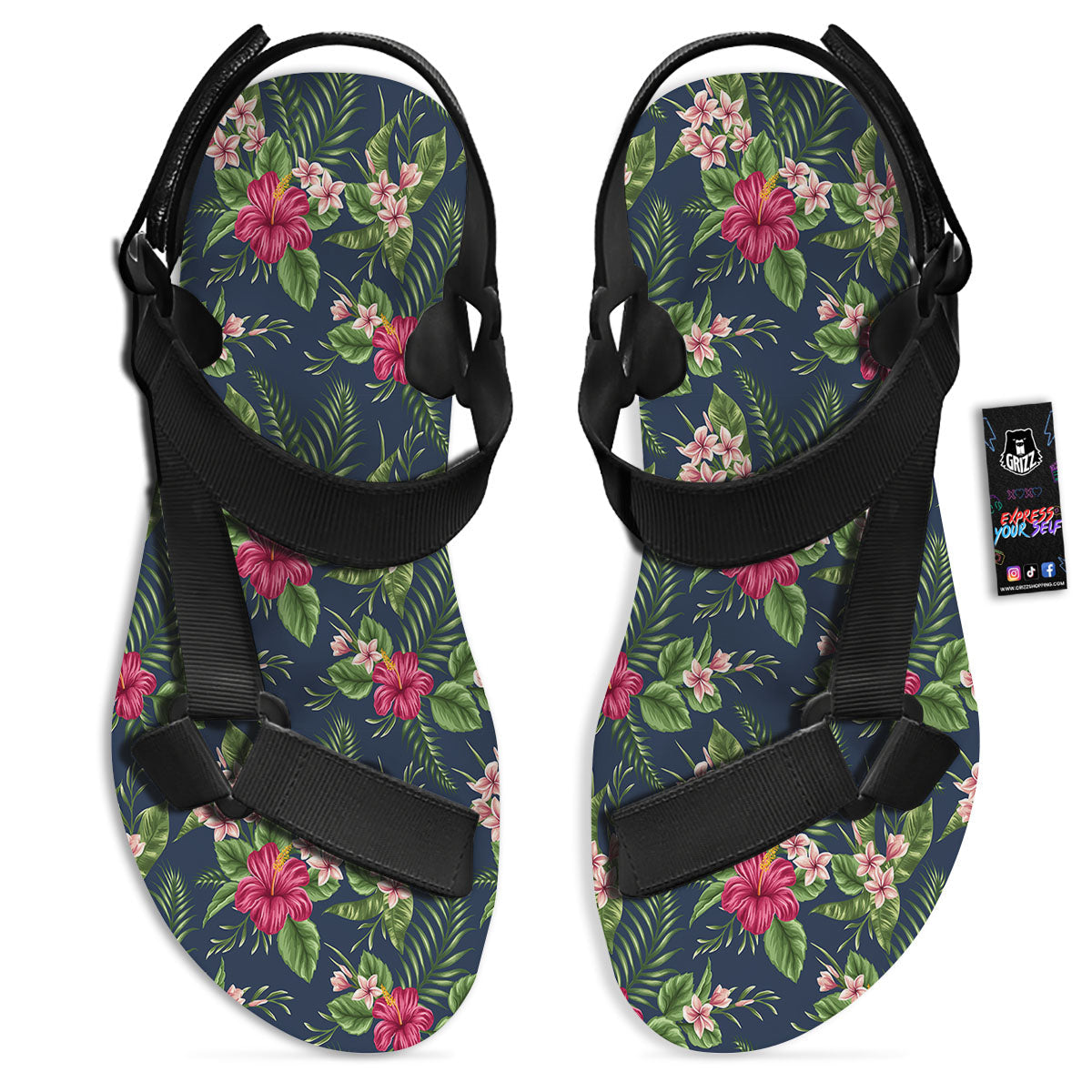 Flowers Hibiscus Plumeria Print Pattern Black Open Toe Sandals-grizzshop