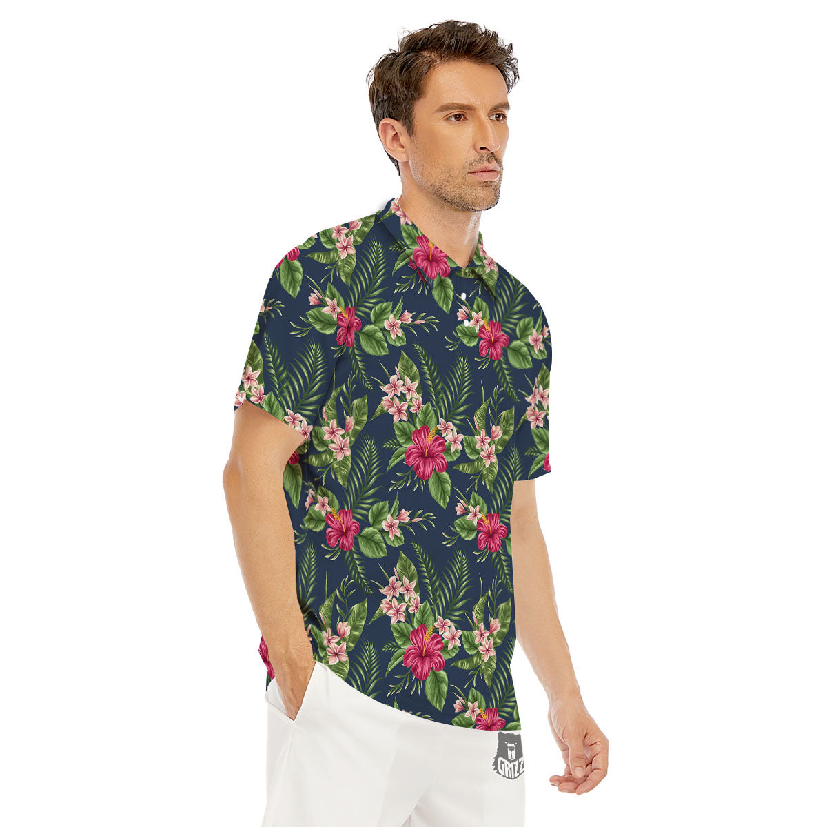 Flowers Hibiscus Plumeria Print Pattern Men's Golf Shirts-grizzshop
