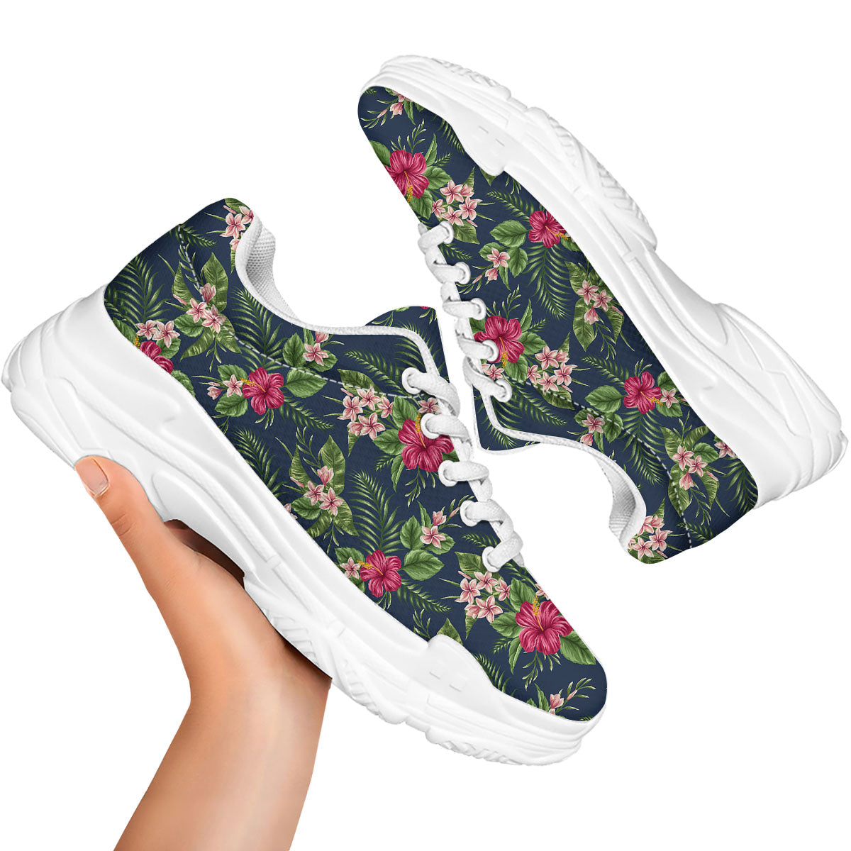 Flowers Hibiscus Plumeria Print Pattern White Chunky Shoes-grizzshop
