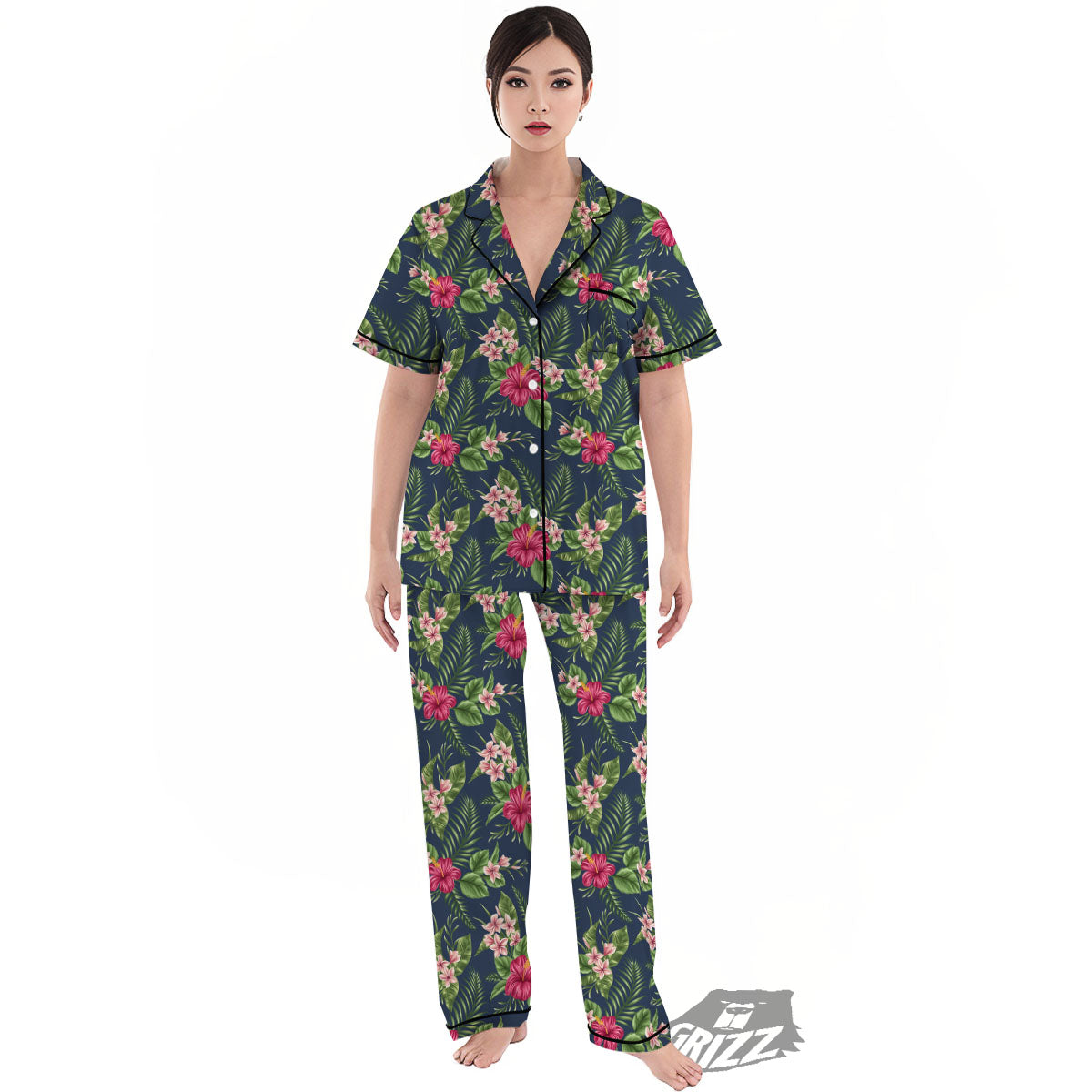 Flowers Hibiscus Plumeria Print Pattern Women's Pajamas Set-grizzshop