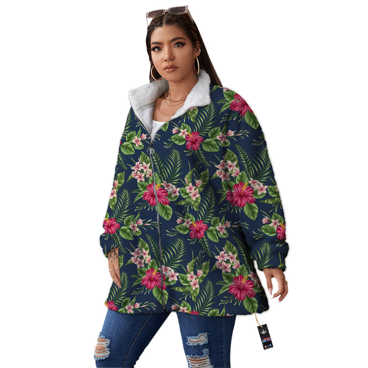 Flowers Hibiscus Plumeria Print Pattern Women's Sherpa Jacket-grizzshop