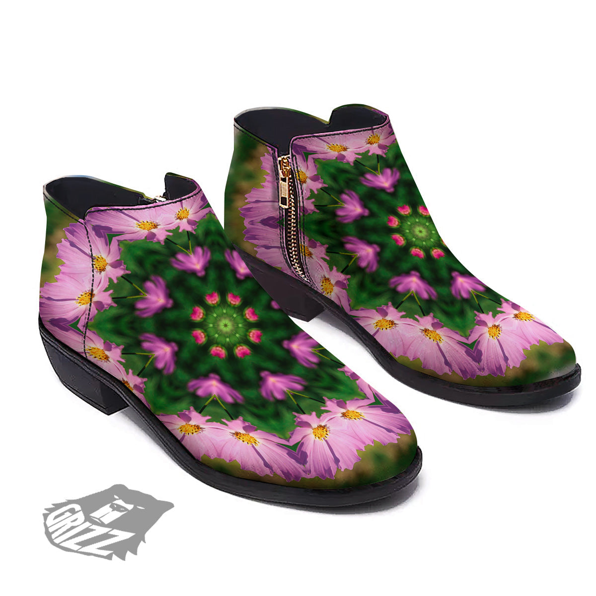 Flowers Kaleidoscope Pink And Blue Print Ankle Boots-grizzshop