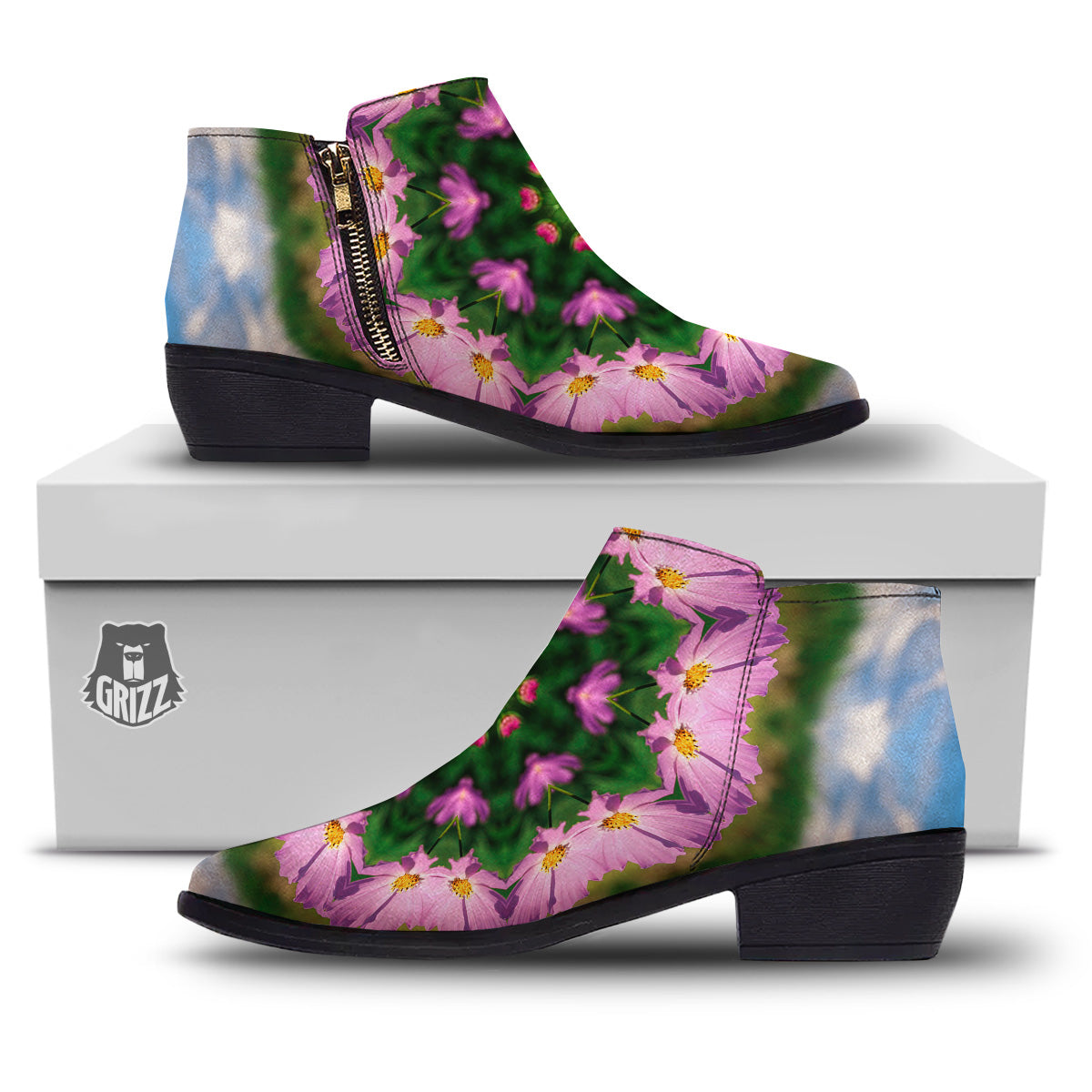 Flowers Kaleidoscope Pink And Blue Print Ankle Boots-grizzshop