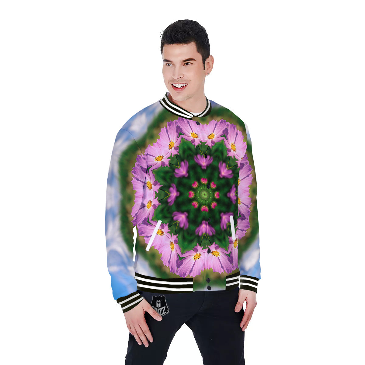 Flowers Kaleidoscope Pink And Blue Print Baseball Jacket-grizzshop