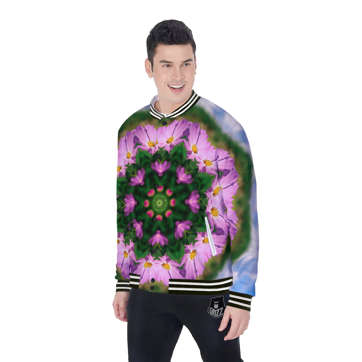 Flowers Kaleidoscope Pink And Blue Print Baseball Jacket-grizzshop