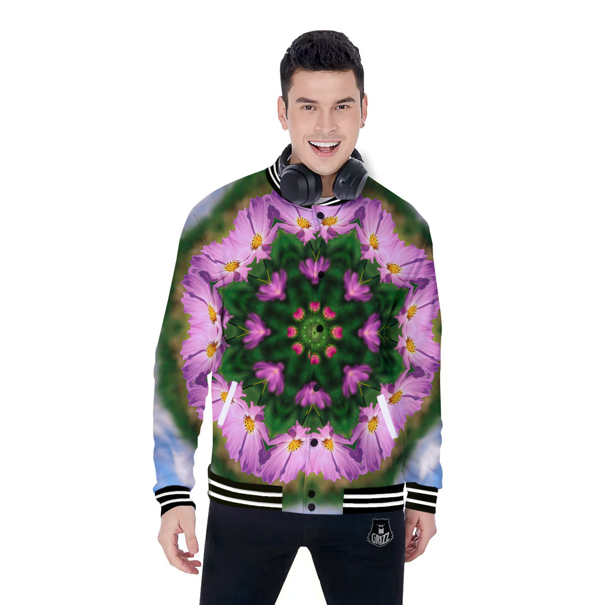 Flowers Kaleidoscope Pink And Blue Print Baseball Jacket-grizzshop