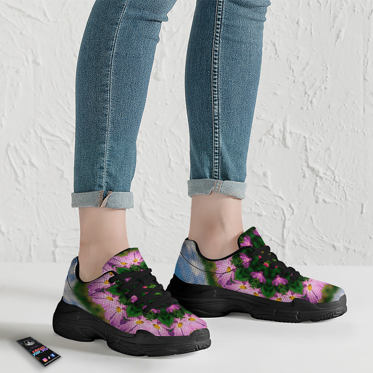 Flowers Kaleidoscope Pink And Blue Print Black Chunky Shoes-grizzshop