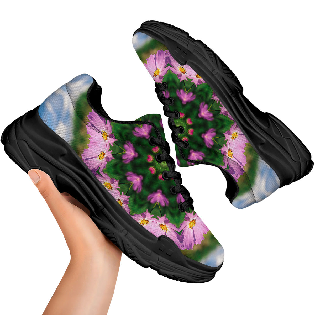 Flowers Kaleidoscope Pink And Blue Print Black Chunky Shoes-grizzshop