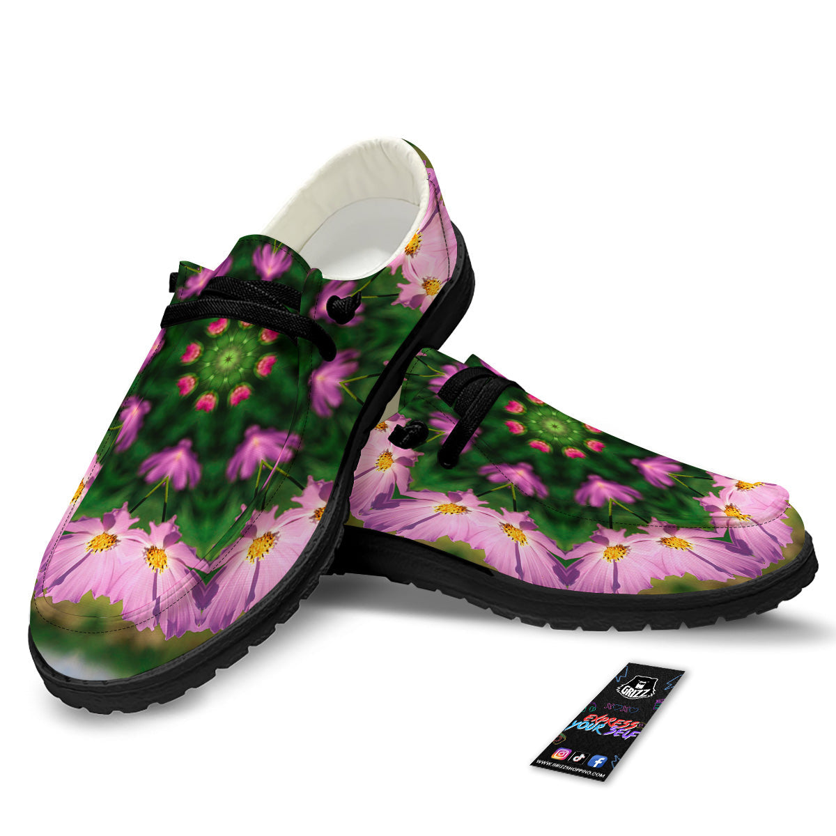Flowers Kaleidoscope Pink And Blue Print Black Loafers-grizzshop