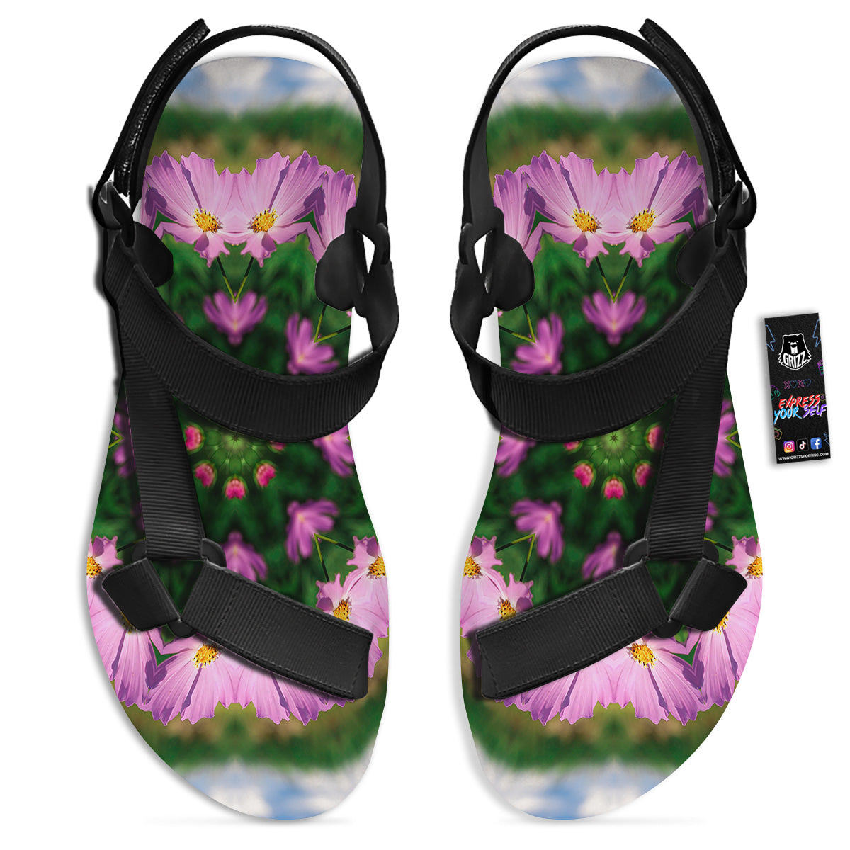 Flowers Kaleidoscope Pink And Blue Print Black Open Toe Sandals-grizzshop