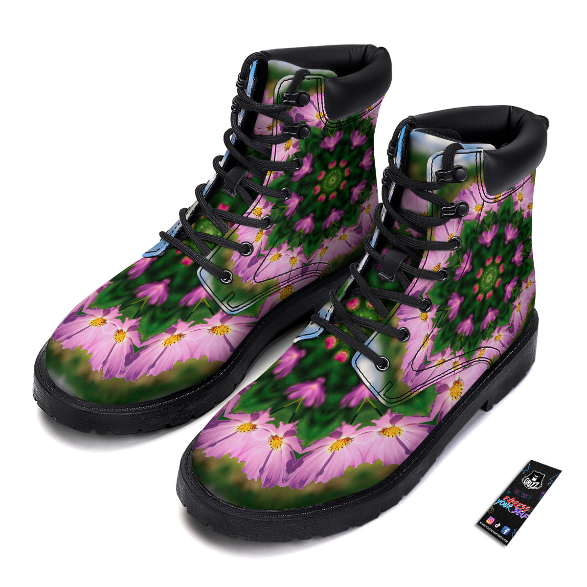 Flowers Kaleidoscope Pink And Blue Print Boots-grizzshop