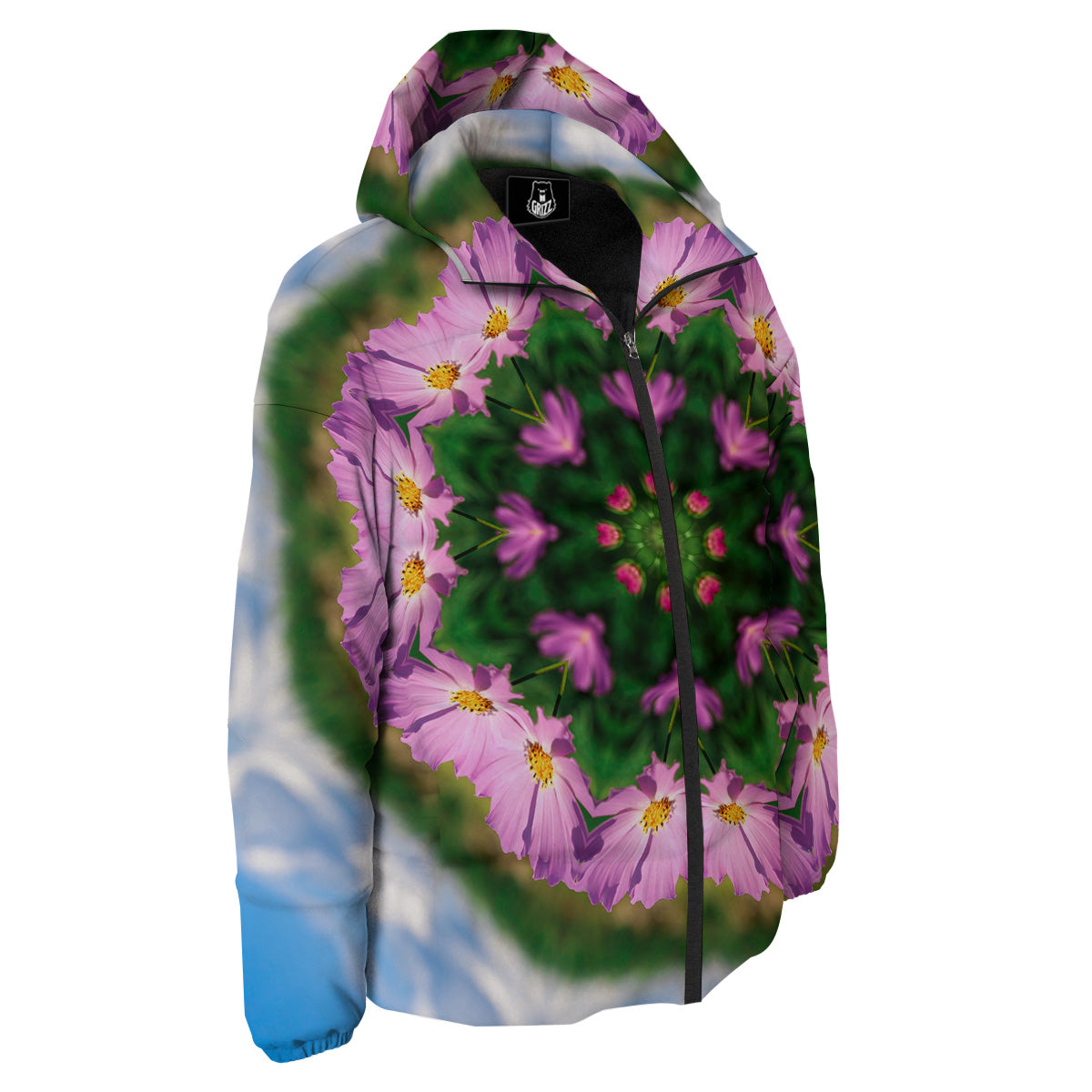 Flowers Kaleidoscope Pink And Blue Print Down Jacket-grizzshop