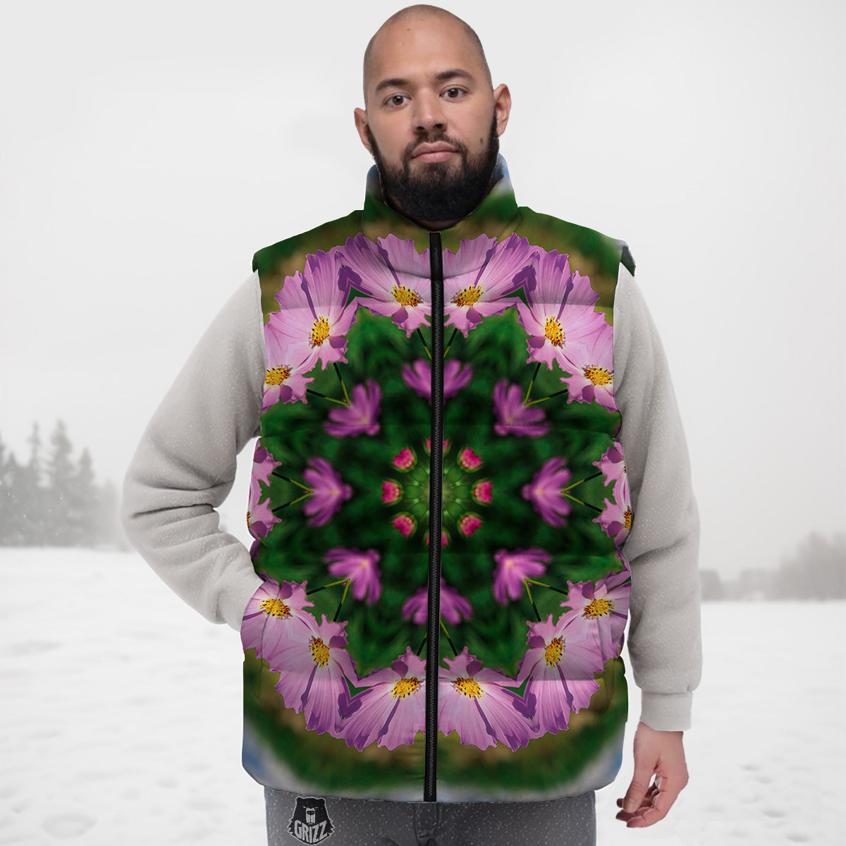Flowers Kaleidoscope Pink And Blue Print Down Vest-grizzshop