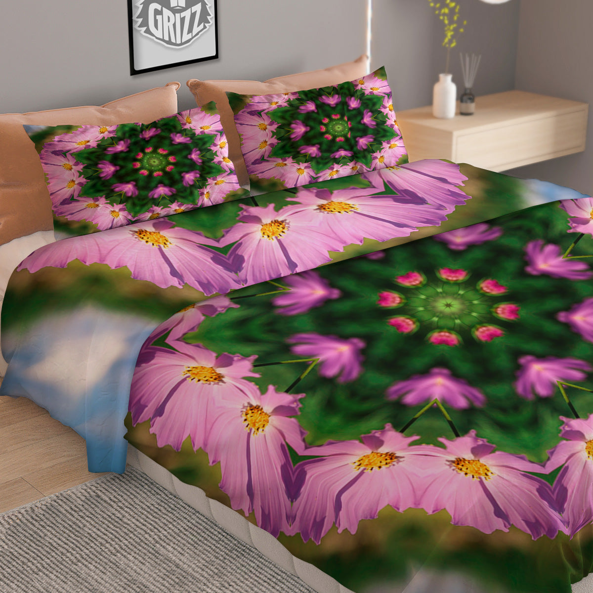 Flowers Kaleidoscope Pink And Blue Print Duvet Cover Bedding Set-grizzshop