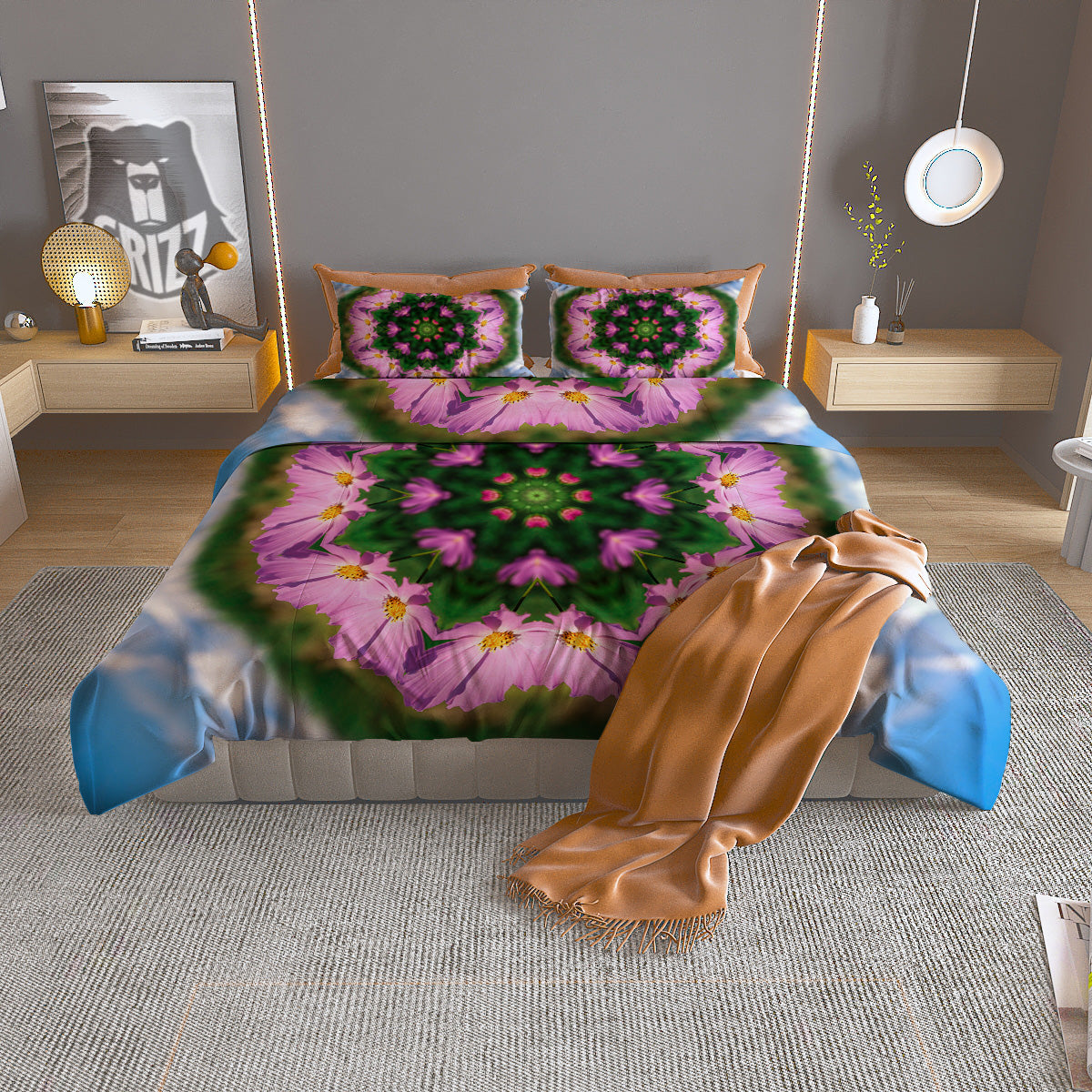Flowers Kaleidoscope Pink And Blue Print Duvet Cover Bedding Set-grizzshop