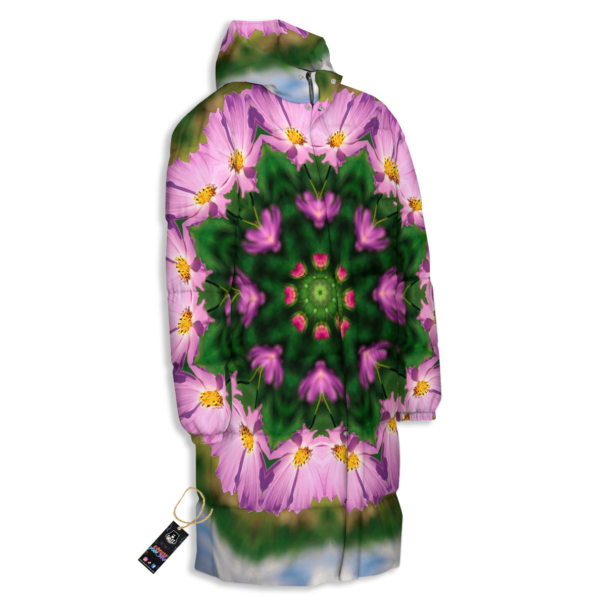 Flowers Kaleidoscope Pink And Blue Print Long Down Jacket-grizzshop