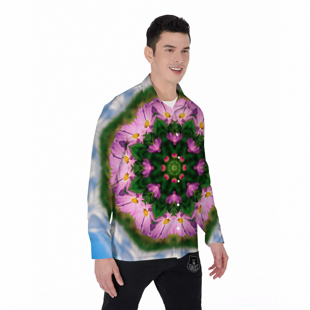 Flowers Kaleidoscope Pink And Blue Print Men's Long Sleeve Shirts-grizzshop