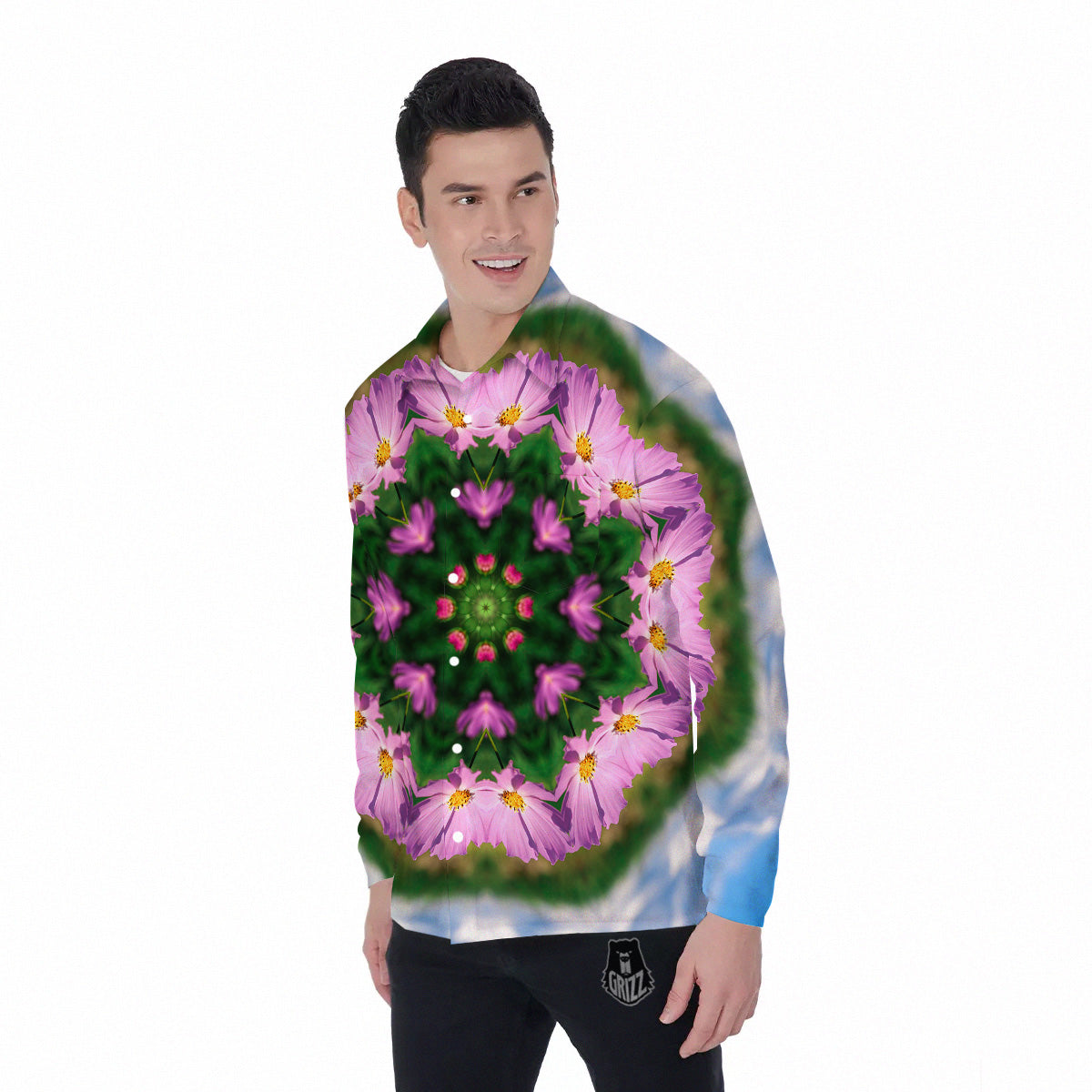 Flowers Kaleidoscope Pink And Blue Print Men's Long Sleeve Shirts-grizzshop