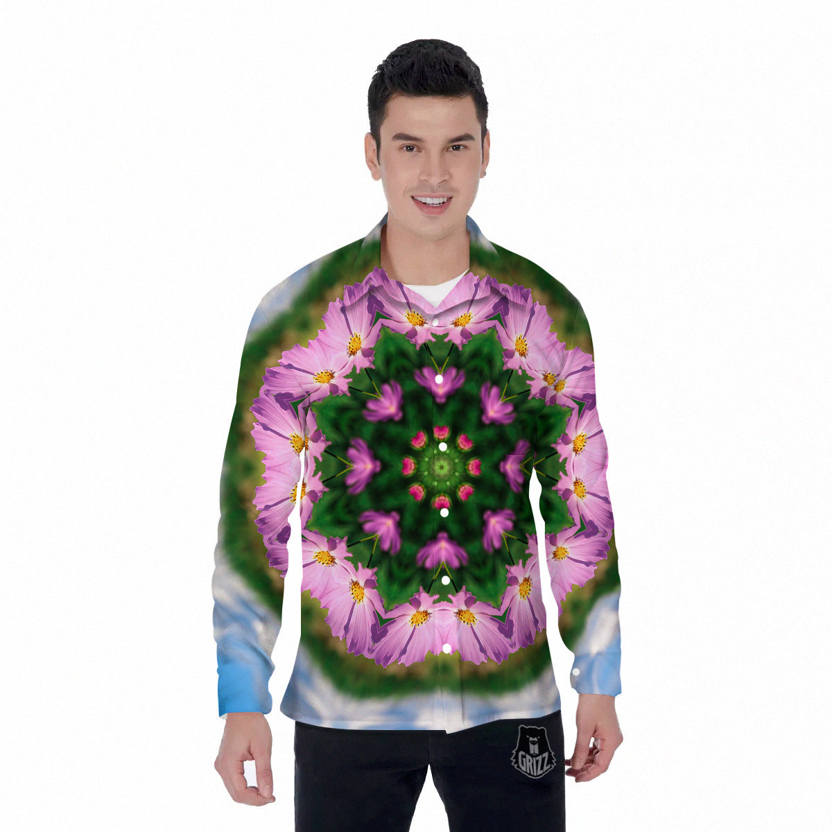 Flowers Kaleidoscope Pink And Blue Print Men's Long Sleeve Shirts-grizzshop