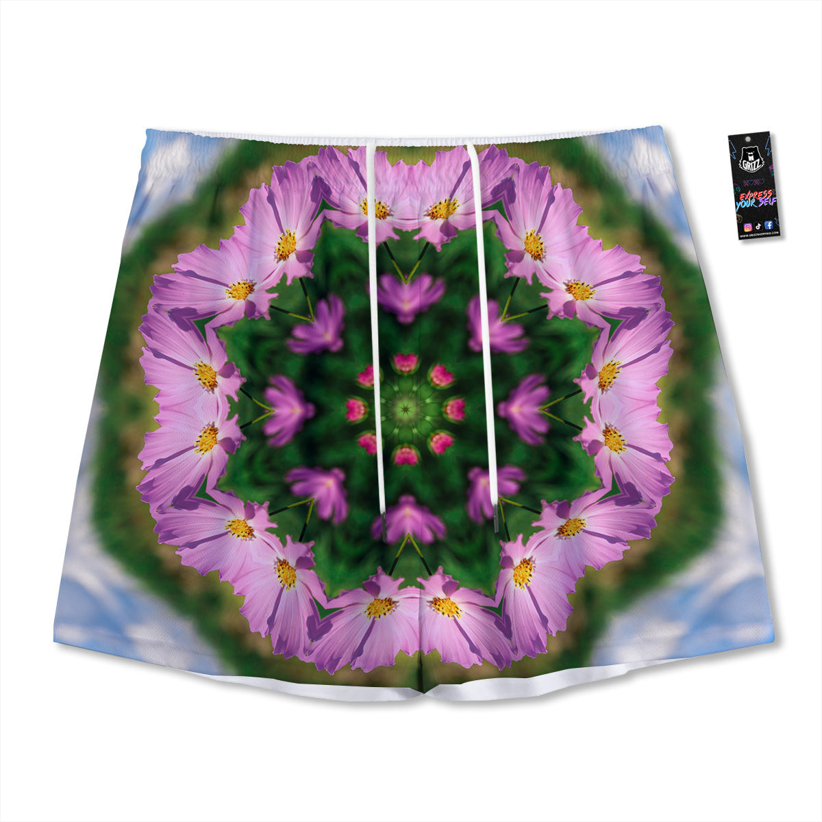 Flowers Kaleidoscope Pink And Blue Print Mesh Shorts-grizzshop