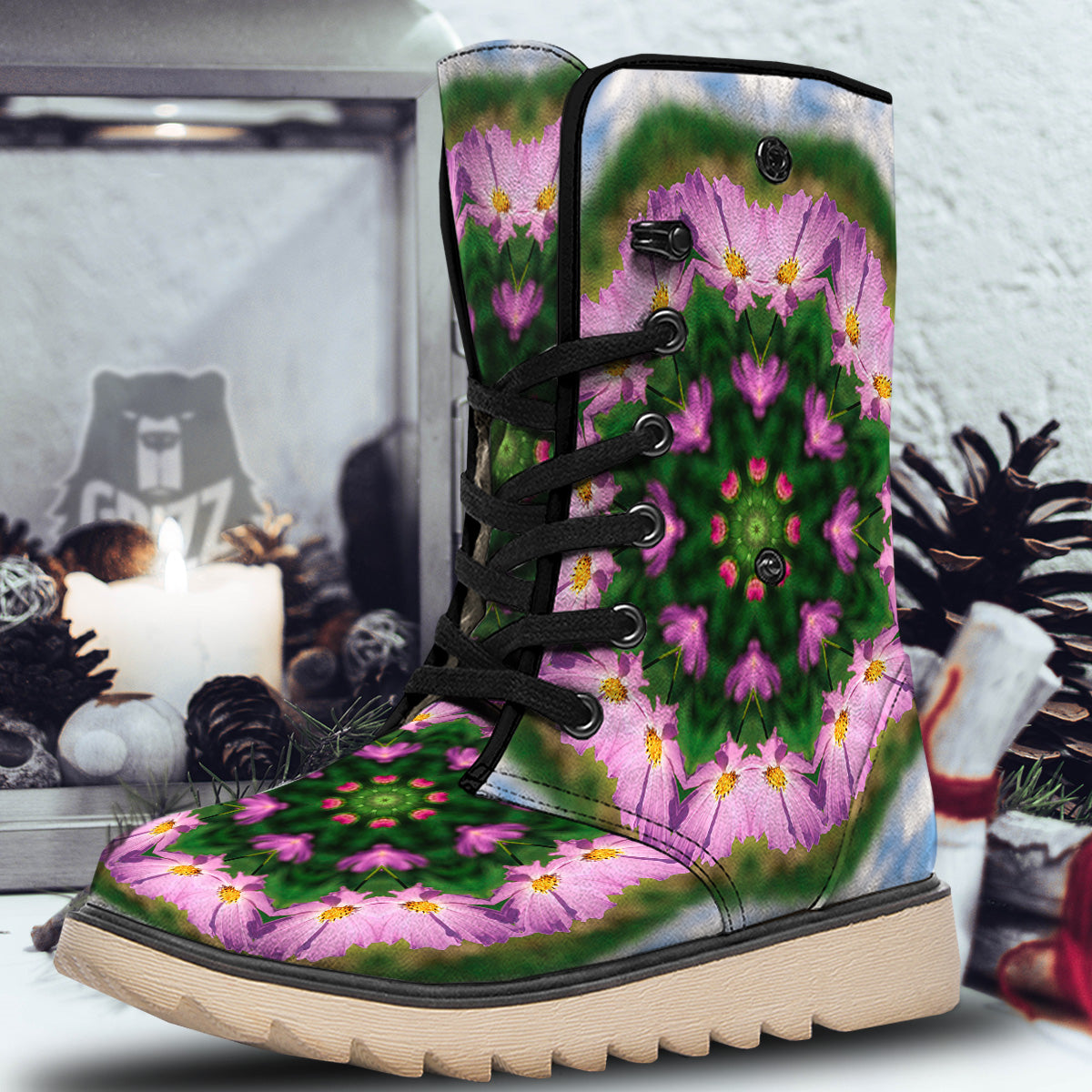 Flowers Kaleidoscope Pink And Blue Print Snow Boots-grizzshop