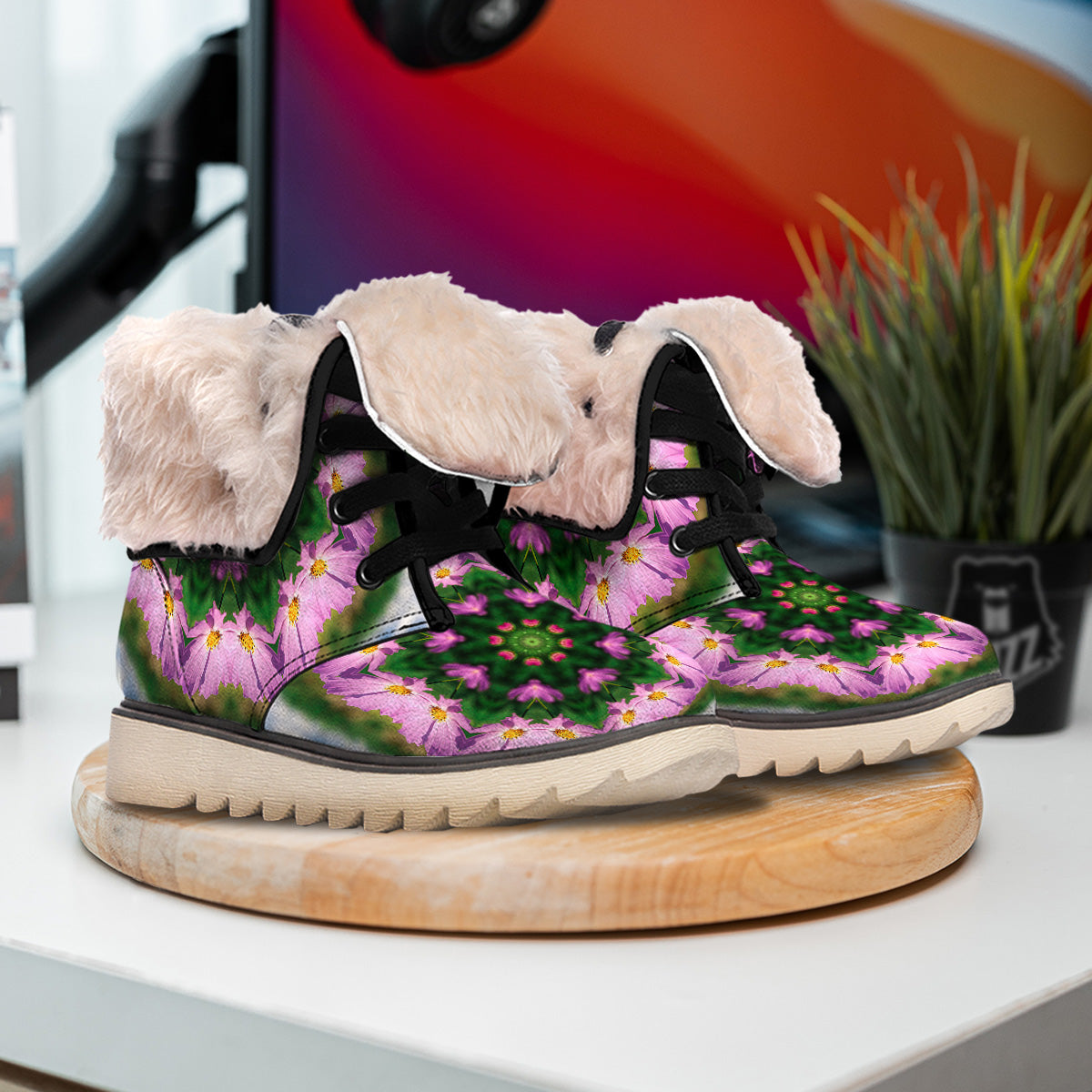 Flowers Kaleidoscope Pink And Blue Print Snow Boots-grizzshop