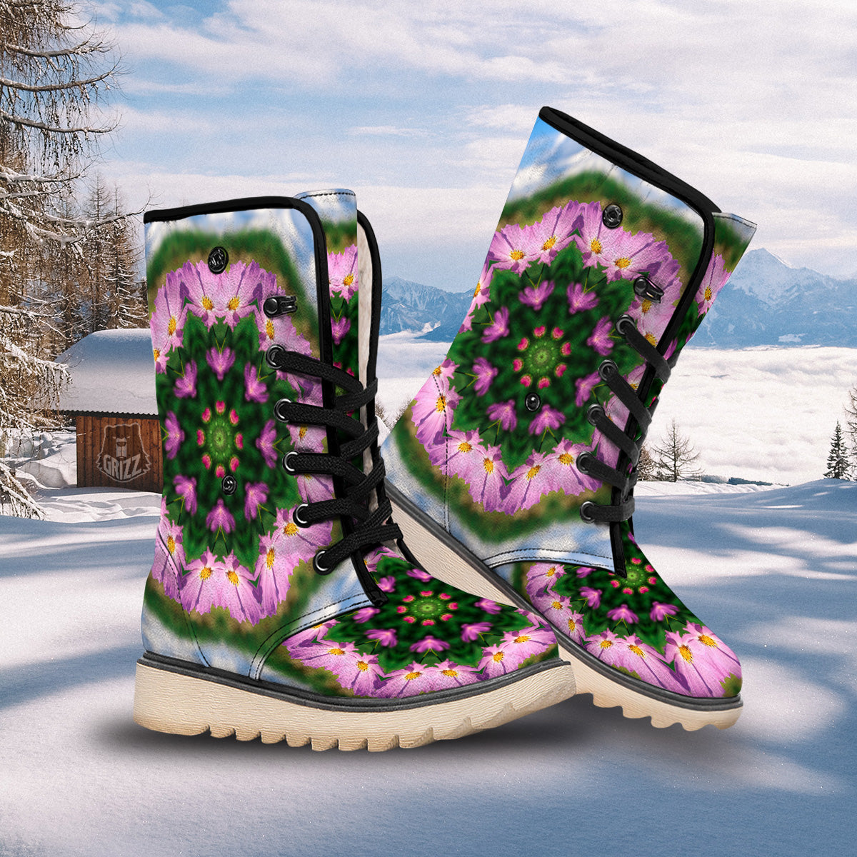 Flowers Kaleidoscope Pink And Blue Print Snow Boots-grizzshop