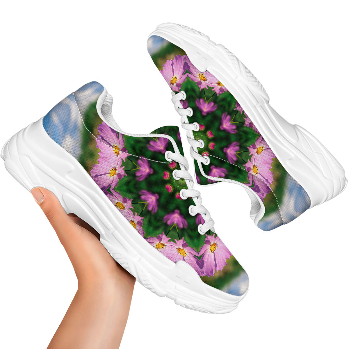 Flowers Kaleidoscope Pink And Blue Print White Chunky Shoes-grizzshop