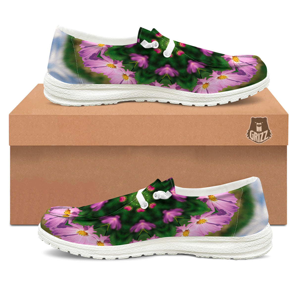 Flowers Kaleidoscope Pink And Blue Print White Loafers-grizzshop