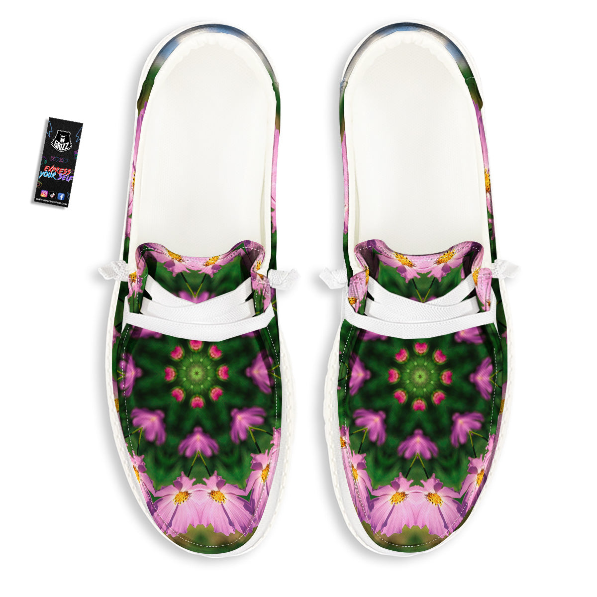 Flowers Kaleidoscope Pink And Blue Print White Loafers-grizzshop