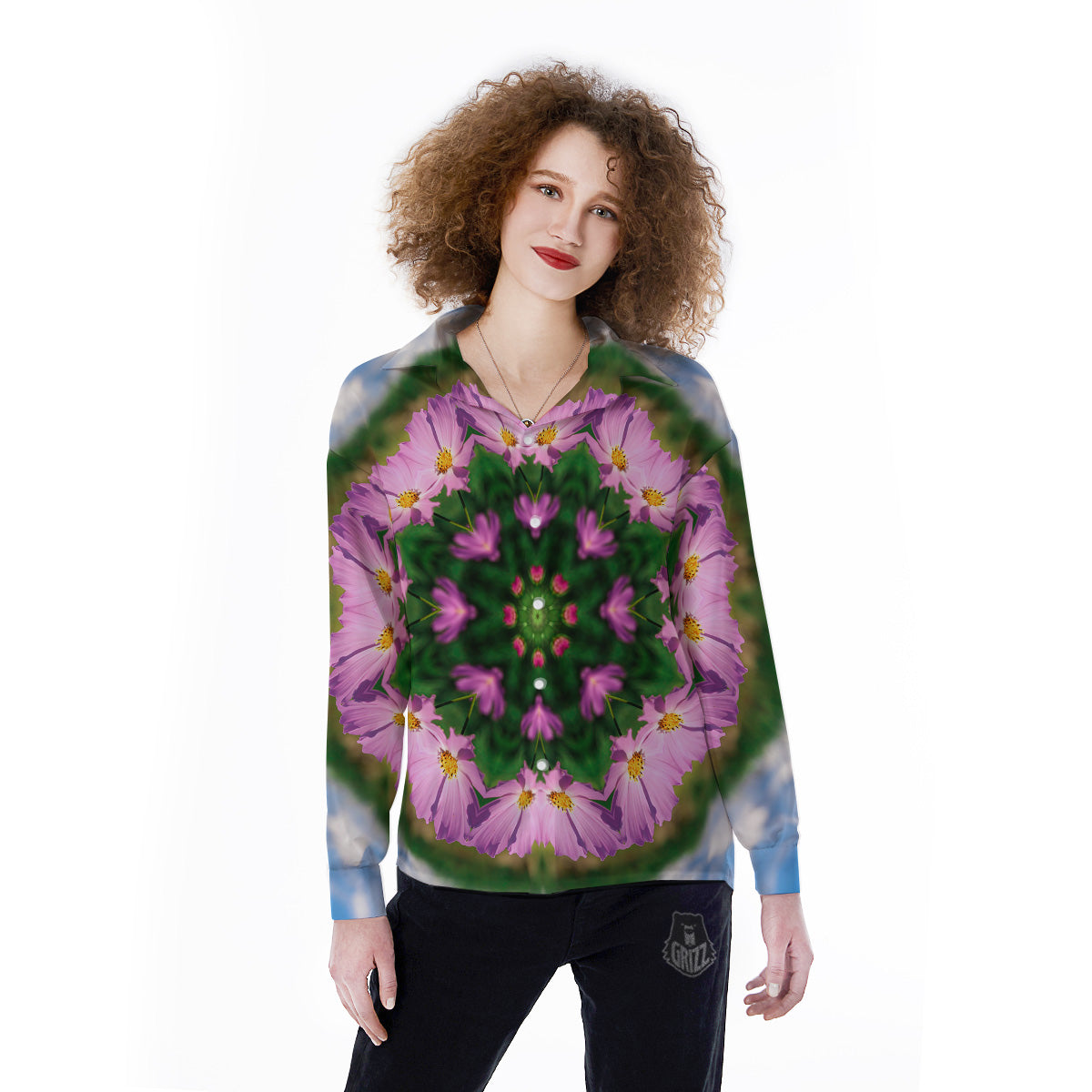 Flowers Kaleidoscope Pink And Blue Print Women's Long Sleeve Shirts-grizzshop