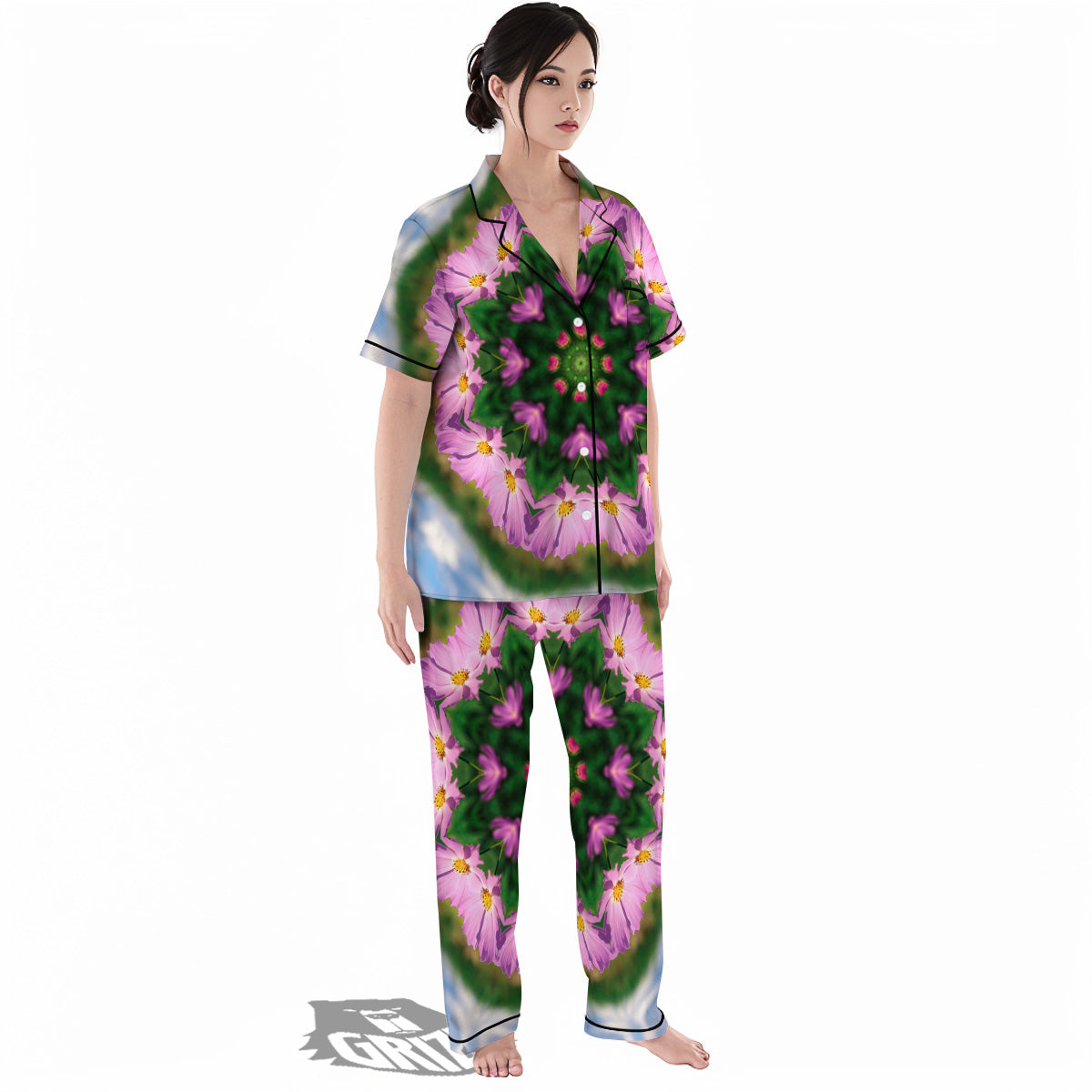 Flowers Kaleidoscope Pink And Blue Print Women's Pajamas Set-grizzshop