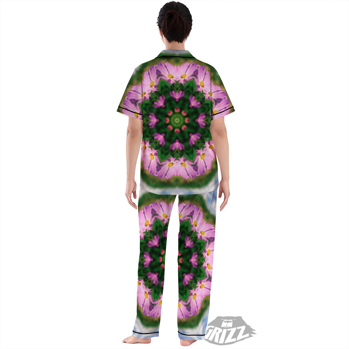 Flowers Kaleidoscope Pink And Blue Print Women's Pajamas Set-grizzshop