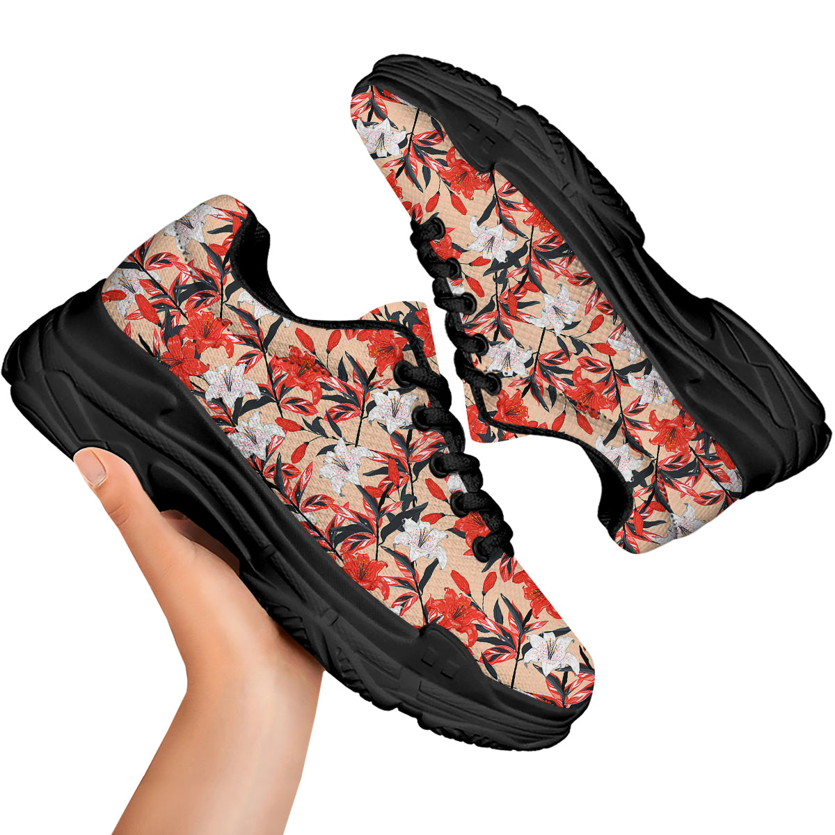 Flowers Lily Watercolor Print Pattern Black Chunky Shoes-grizzshop